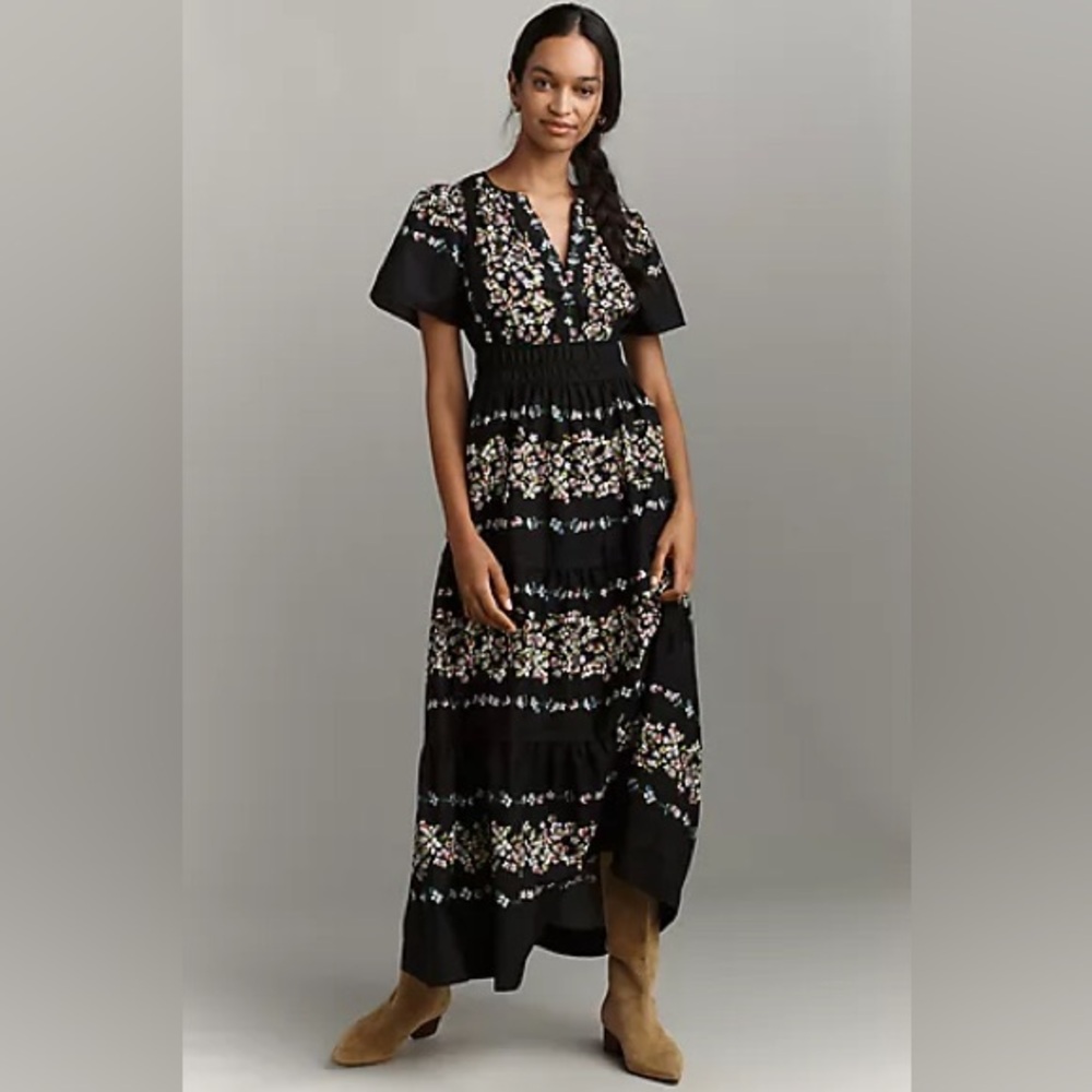 NWT Anthropologie The Somerset  Maxi Dress Black Floral Size Small Short Sleeve